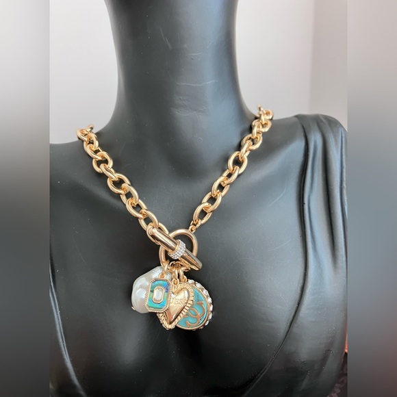 Guess Gold Necklace with Blue and White Charms - Picture 1 of 5